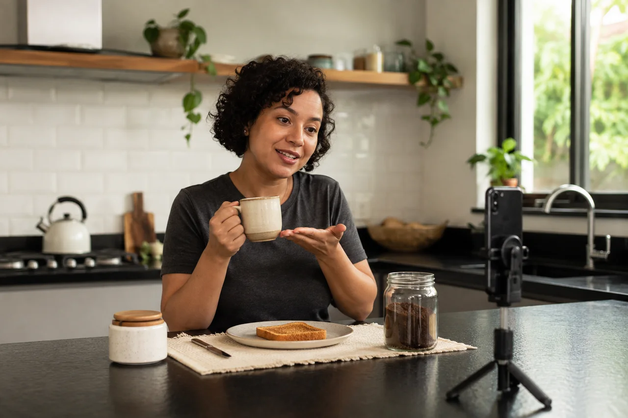 Criadora gravando conteúdo de gastronomia com o celular na cozinha