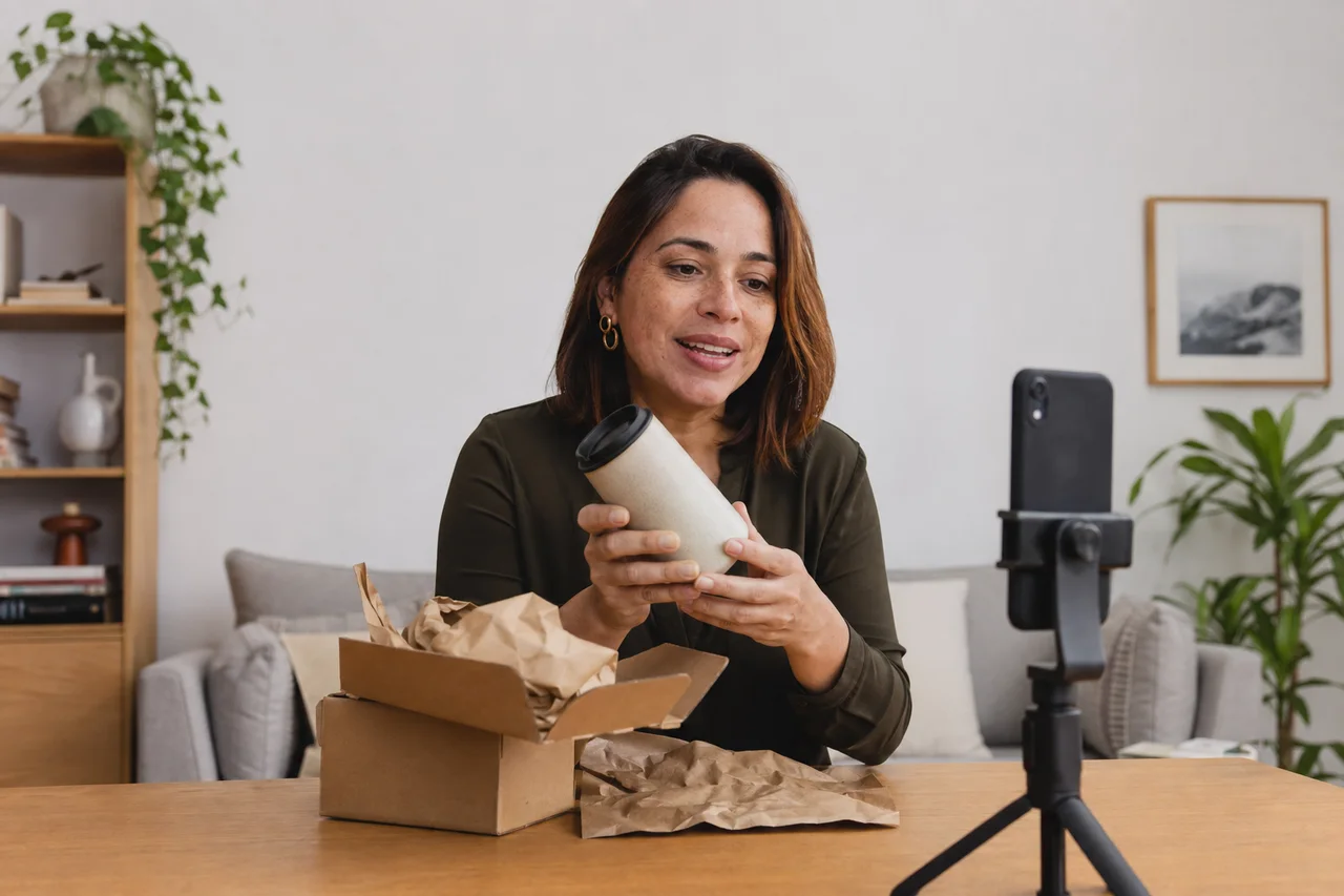 Criadora gravando um vídeo de apresentação de um produto para casa