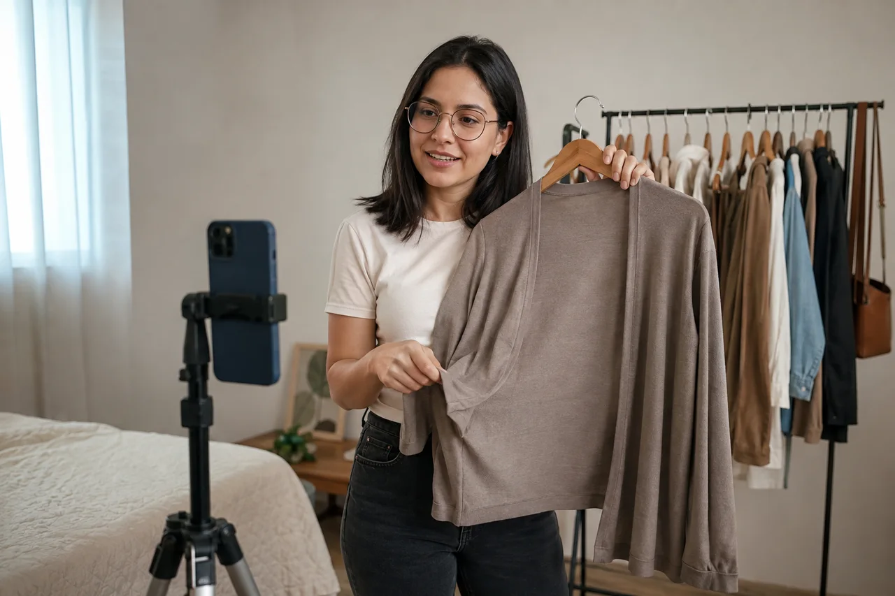 Criadora gravando uma demonstração de roupa para uma marca